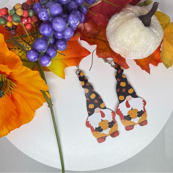 Fall & Halloween gnome themed orange, black, red faux leather trardrop earrings - Picture 1 of 6